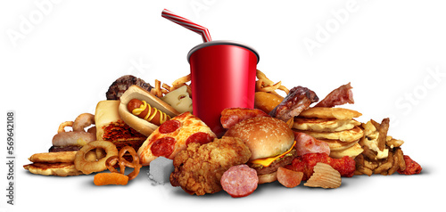 Fototapeta Consuming junk food as fried foods hamburgers soft drinks leading to health risks as obesity and diabetes as fried foods high in unhealthy fats on a white background