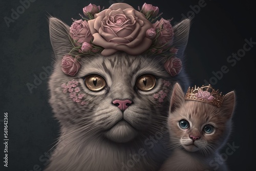 Beautiful mother and baby cat animals with flower crown. Colorful portrait wallpaper. Mother’s day Generative AI.