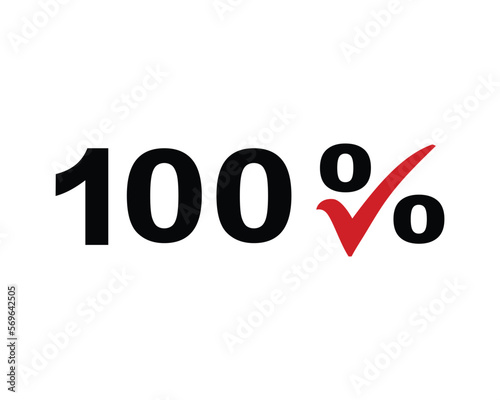Hundred percent icon, 100% checked, black icon with red check mark, vector illustration