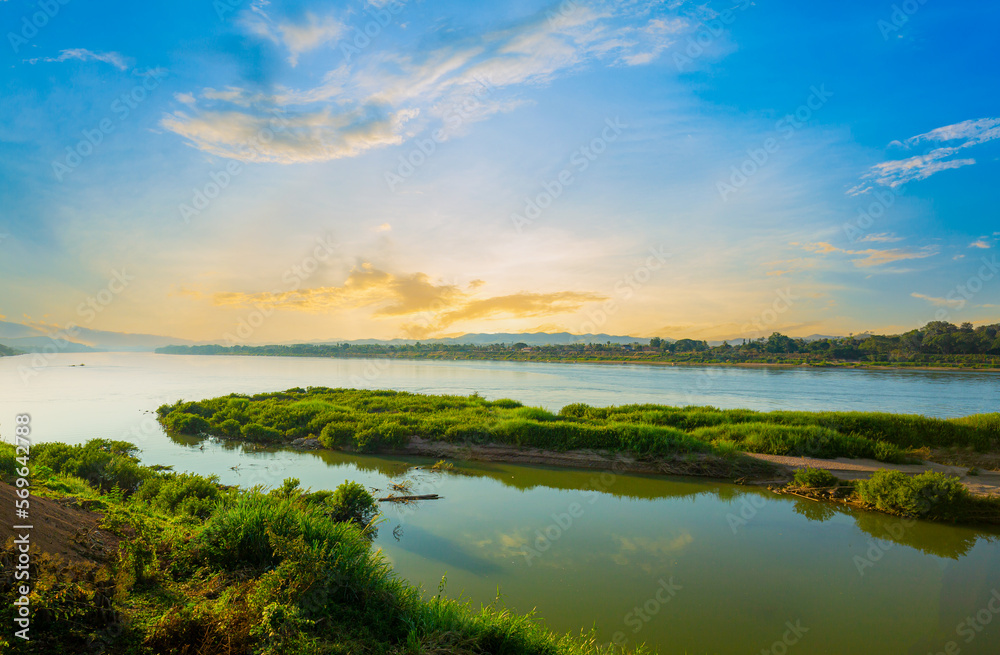 beautiful Mekong river scenery in the evening,Beautiful sunrise at the Mekong River, Thai-Lao border, Loei province, Thailand.