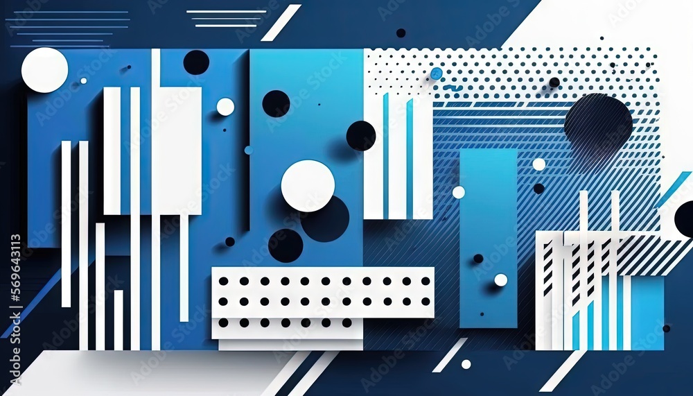 a blue and white abstract background with circles and lines on the side ...