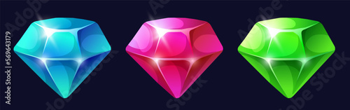 Diamond or ruby. Set of multicolored gems. Vector clipart.