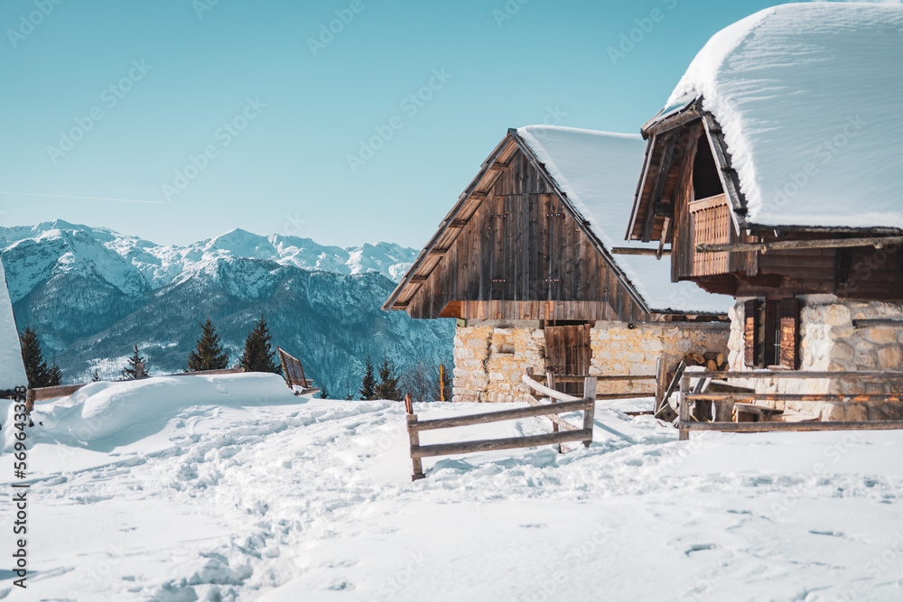 Old houses with beautiful view to triglav national park.