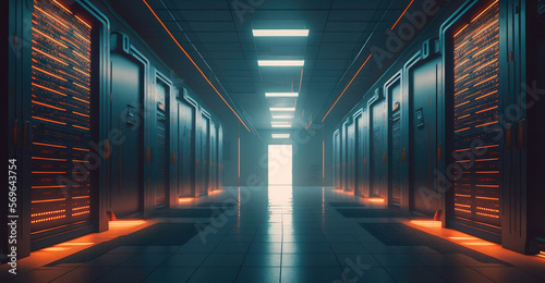 Plakat w ramie Data center with rack servers, generative ai