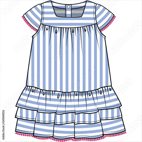 STRIPER WOVEN DRESS WITH CAP SLEEVES AND POM POM LACE DETAIL FOR KID GIRLS AND TODDLER GIRLS IN VECTOR ILLUSTRATION