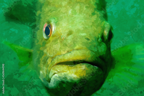 Digitally created watercolor painting of a of a wild largemouth bass swimming Micropterus salmoides