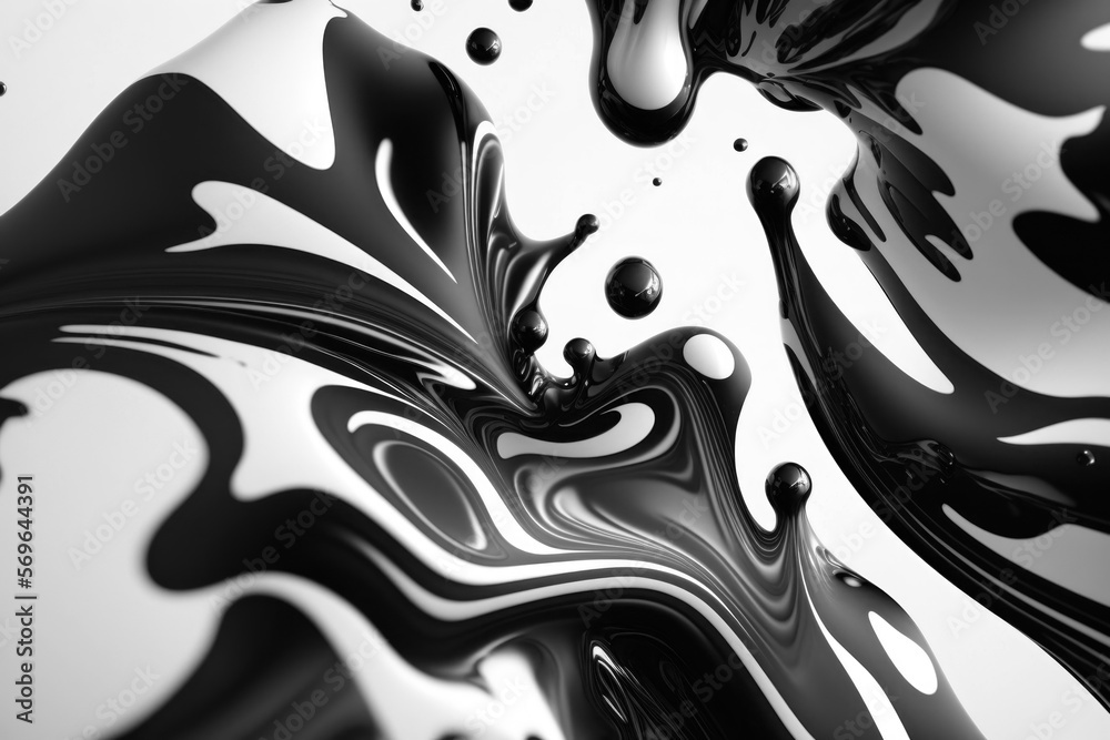 Abstract background of drops of black and white liquid in 3d style. AI ...