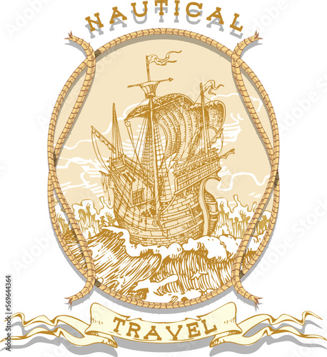 vector image of the emblem of sea voyages, regattas, cruises in the style of retro graphic line art