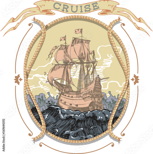 vector image of the emblem of sea voyages, regattas, cruises in the style of retro graphic line art