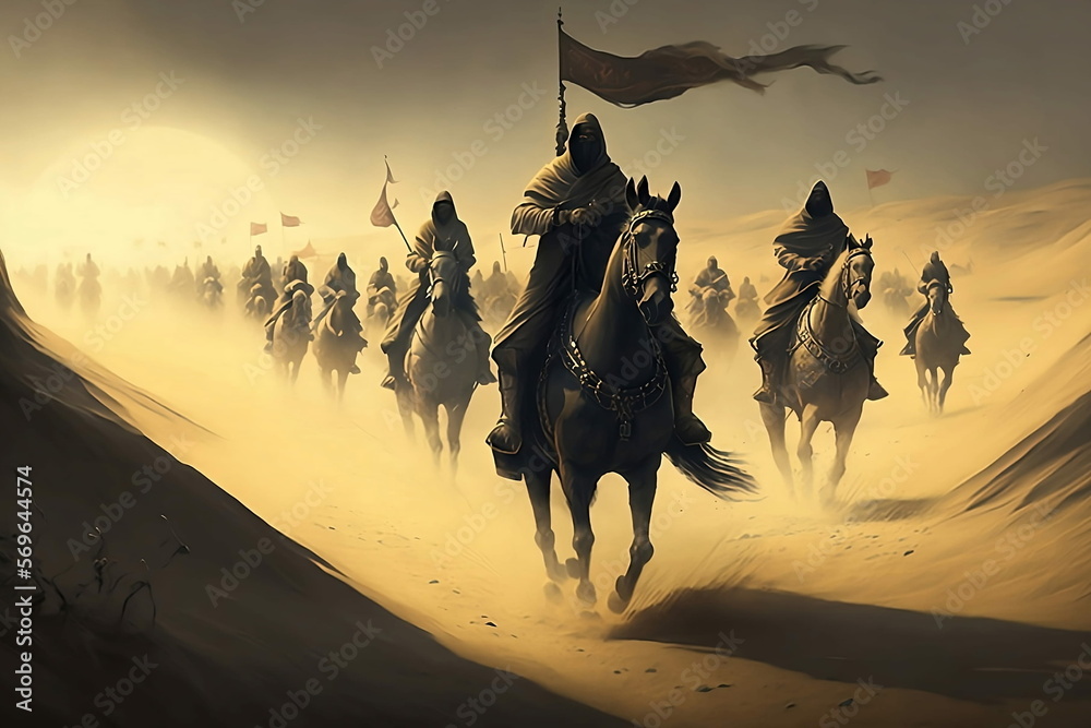 Warriors riding on horseback through the desert, fantasy, sci fi, adventure, rpg. generative ai