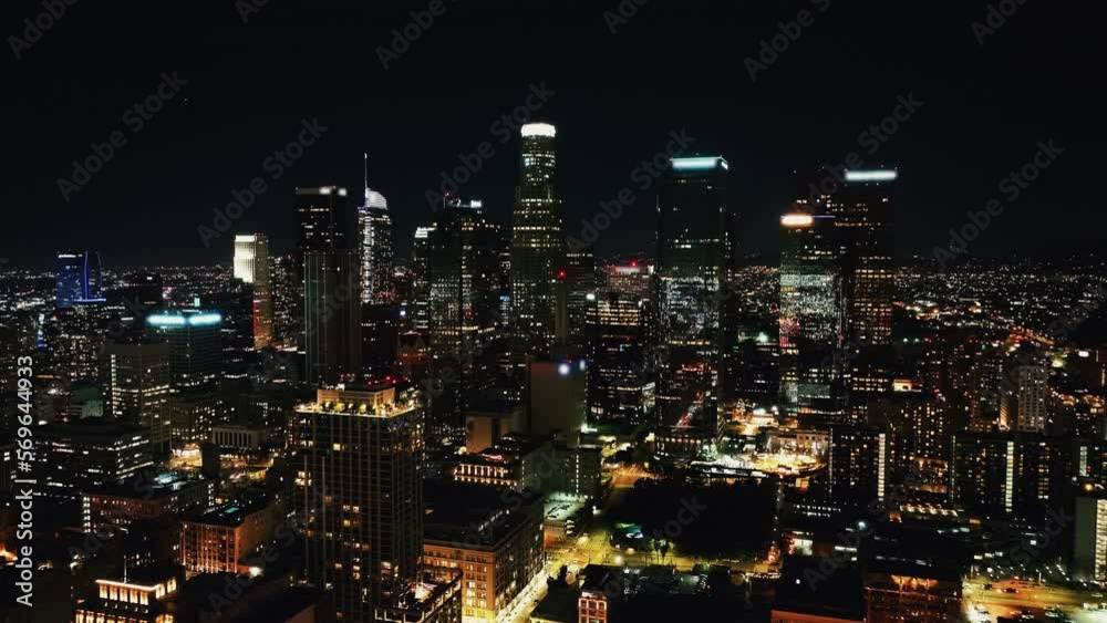 Aerial panoramic view of Los Angeles downtown at night. Aerial Shoot, Night Los Angeles, Amazing Landscape, California, City Lights. The iconic Los Angeles skyline cityscape. Downtown Los Angeles. Aerial panoramic view of Los Angeles downtown at night. Aerial Shoot, Night Los Angeles, Amazing Landscape, California, City Lights. The iconic Los Angeles skyline cityscape. Downtown Los Angeles.