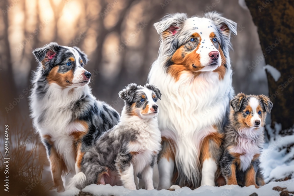 Red merle and tricolor aussie puppies and their mother dog are seated side by side in the snow at a winter park. Cute Australian Shepherds walking with adults and kids. They turn away while waiting fo