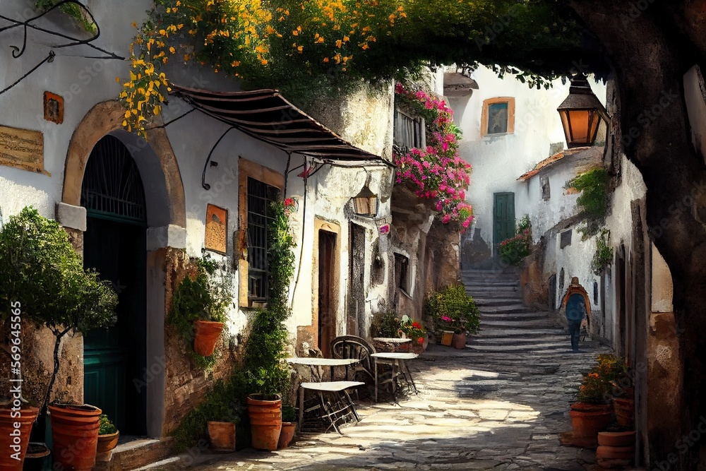 Obraz premium traditional italian small village, old town street , ai generative