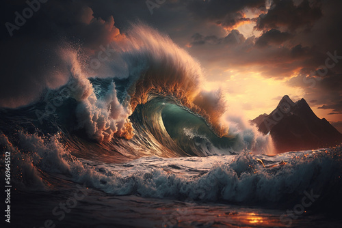 Ocean wave crashing at sunset. Stunning sunset on the sea. Generative AI