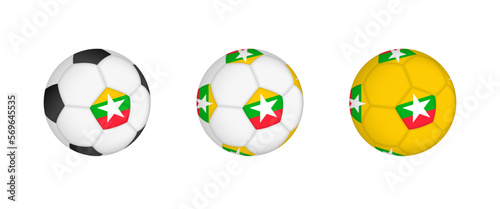 Collection football ball with the Myanmar flag. Soccer equipment mockup with flag in three distinct configurations.