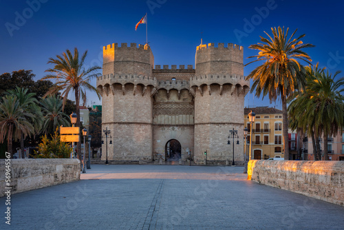 Beautiful Torres de Serranos 14th century gate to the city of Valencia, Spain photo