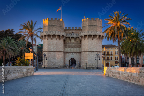 Beautiful Torres de Serranos 14th century gate to the city of Valencia, Spain