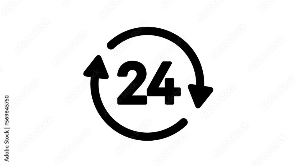 Animation of 24 hours Service in black and white icon design. Animation of 24 hours Service in black and white icon design.