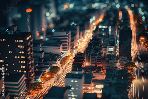 Tilt shift effect. Night city with modern buildings. Aerial view. Generative AI
