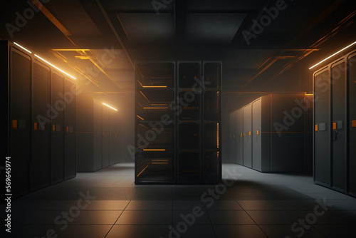 Computer in the data center. Cloud computing service on a large server farm. Cyber ​​security at night, neon illumination, cyber space, data storage, new technologies. Generative AI