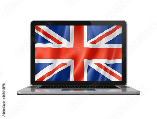 British flag on laptop screen isolated on white. 3D illustration