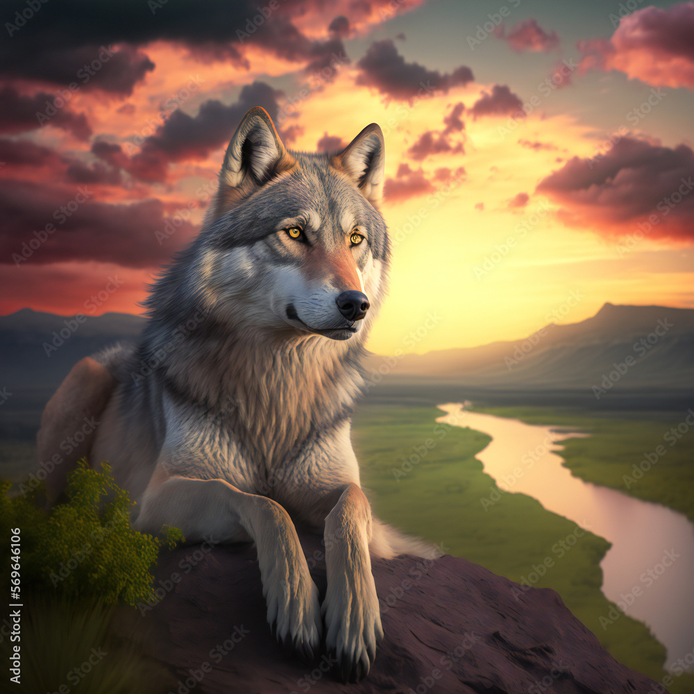 wolf at sunset, nature river background, generative AI