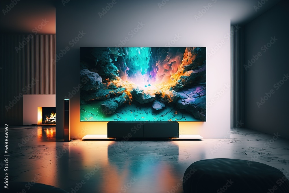 Fototapeta premium Modern Minimalist Apartment Interior Living Room With 8k Tv Screen