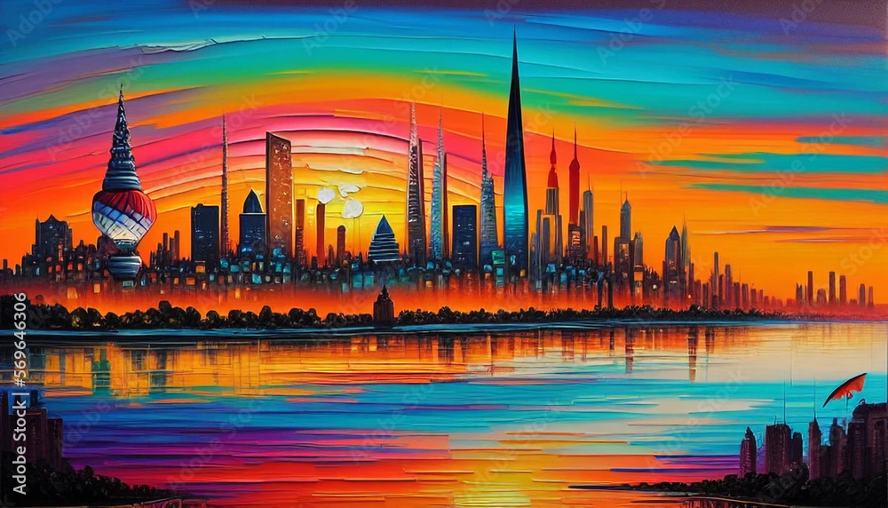 A cityscape at sunset seen from the river