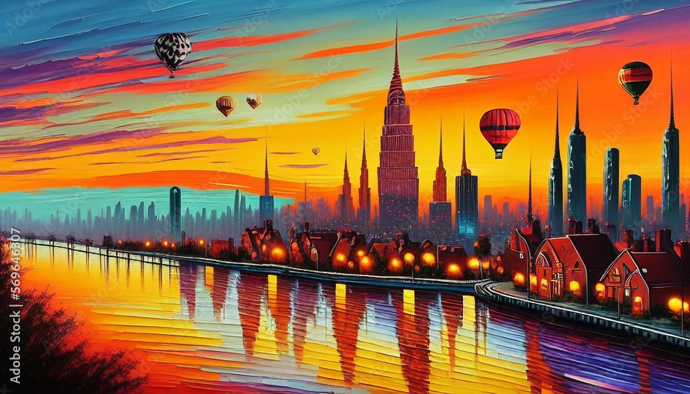 A cityscape at sunset, The cityscape seen from an unconventional viewpoint, A view from the river or from a hot air balloon, The sunset reflecting off the buildings and the river