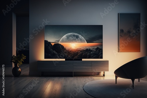 Modern Minimalist Apartment Interior Living Room With 8k Tv Screen photo