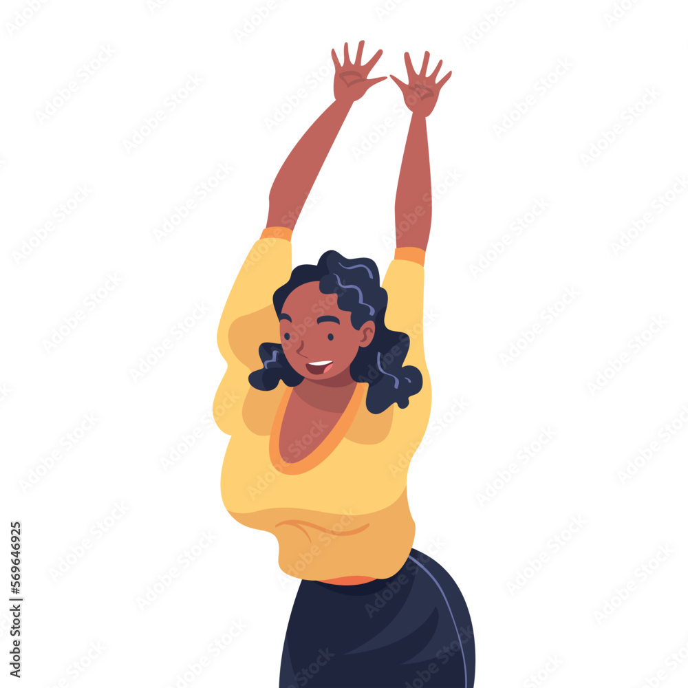 Lucky Woman Celebrating Success and Victory Raising Hands in Excitement Vector Illustration