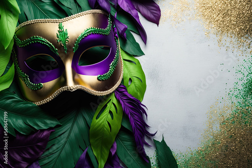 Mardi Gras mask with feathers with empty space on the right. For party invitation, advertising or banner. Generative AI photo