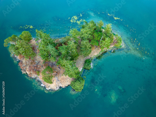Mysterious Island Overhead Angle Blue Clear Water and Evergreen Trees San Juan Islands Washington USA