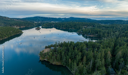 Sail Boats Anchored in Garrison Harbor Roche Harbour Washington USA on San Juan Island Aerial View of nature and Landscape