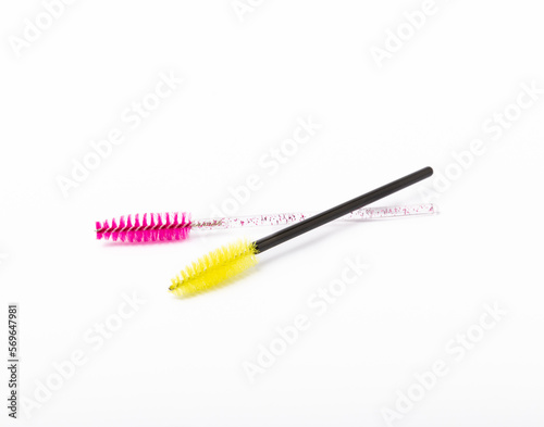 Mascara brushes  makeup brushes  applicators isolated on white background. Close-up. Brushes for eyelash extensions.