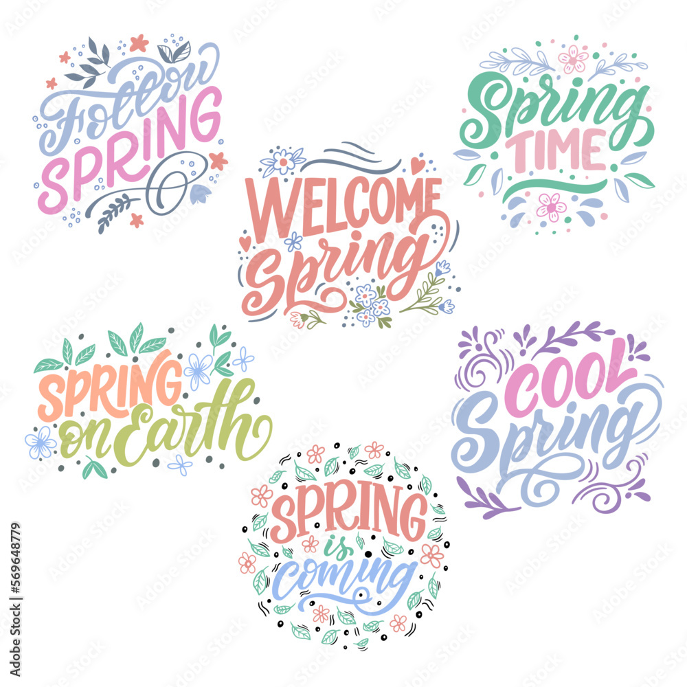 Set of lettering compositions about spring in a trendy style. Vector colored inscriptions for prints on t-shirts, mugs, bags, pillows, for the design of stickers, posters, postcards.