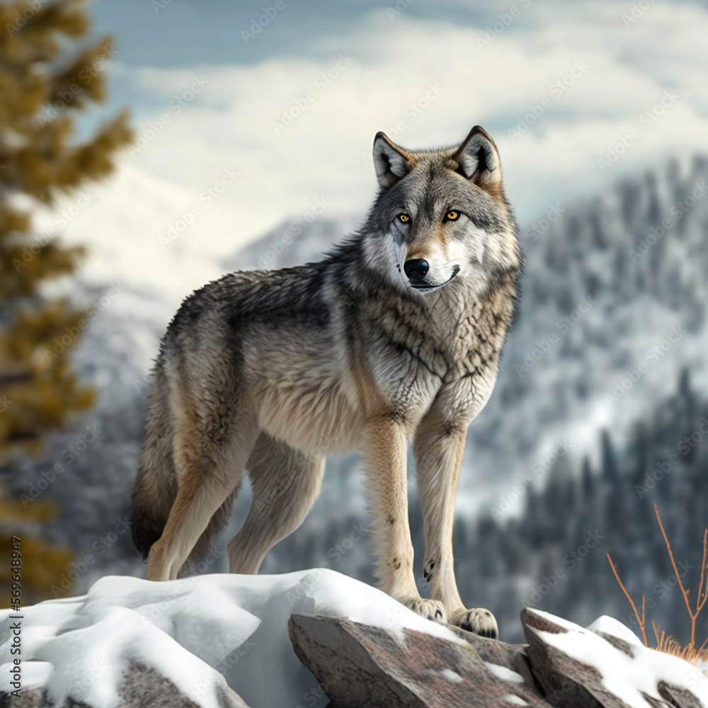 gray wolf canis lupus in snow, generative AI