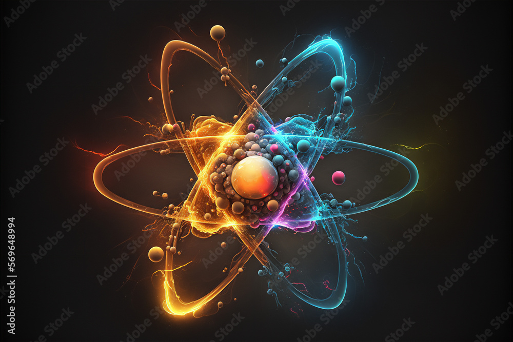 Abstract conceptual illustration of atom with electrons and protons spinning around. AI - obrazy, fototapety, plakaty 