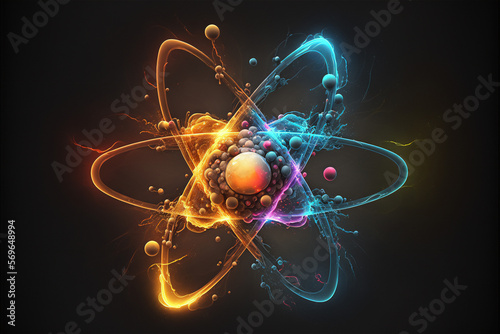 Fotobehang Abstract conceptual illustration of atom with electrons and protons spinning around