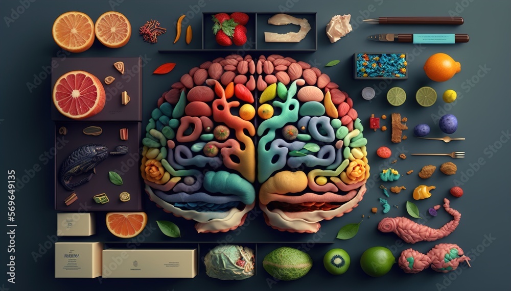 Human brain anatomy color coded human brain parts. generative AI Stock
