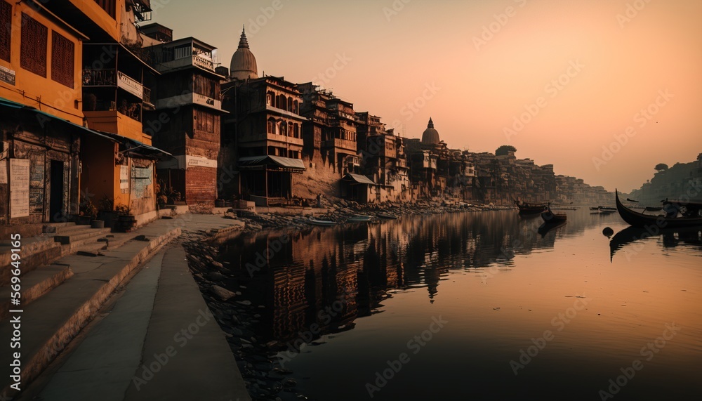 Beautiful Ganges river India lake at dawn sunset a beautiful background landscape generative ai
