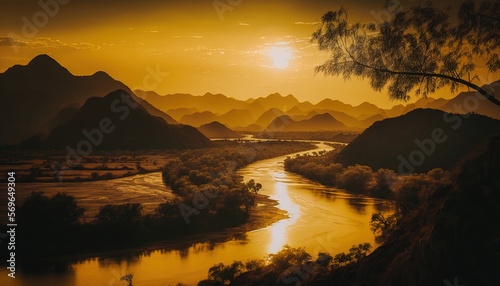 Beautiful Mekong river Thailand golden hour landscape generative ai © Arisctur