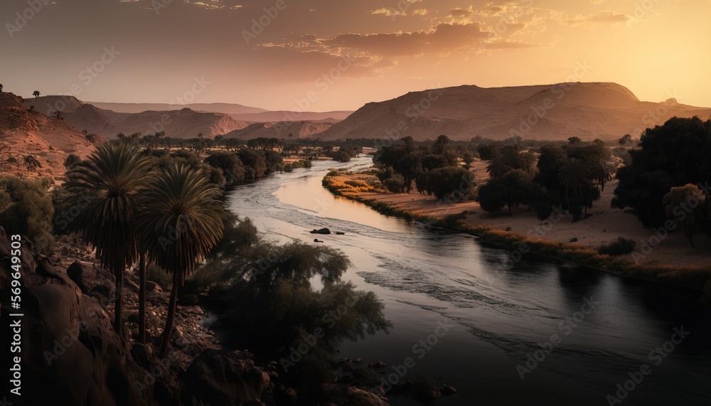 Obraz premium Beautiful Nile river Egypt landscape view at dusk sunset generative ai