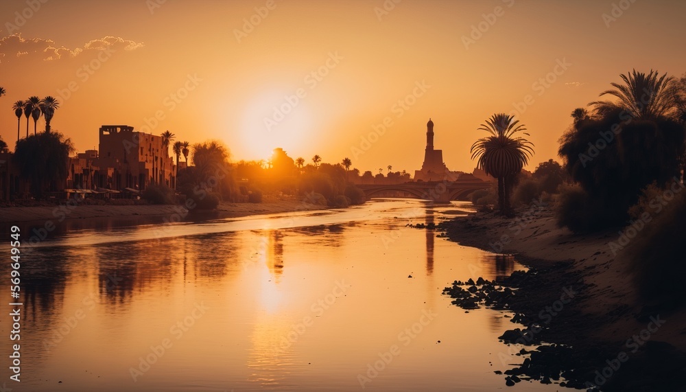 Fototapeta premium Beautiful Nile river Egypt landscape view at dusk sunset generative ai