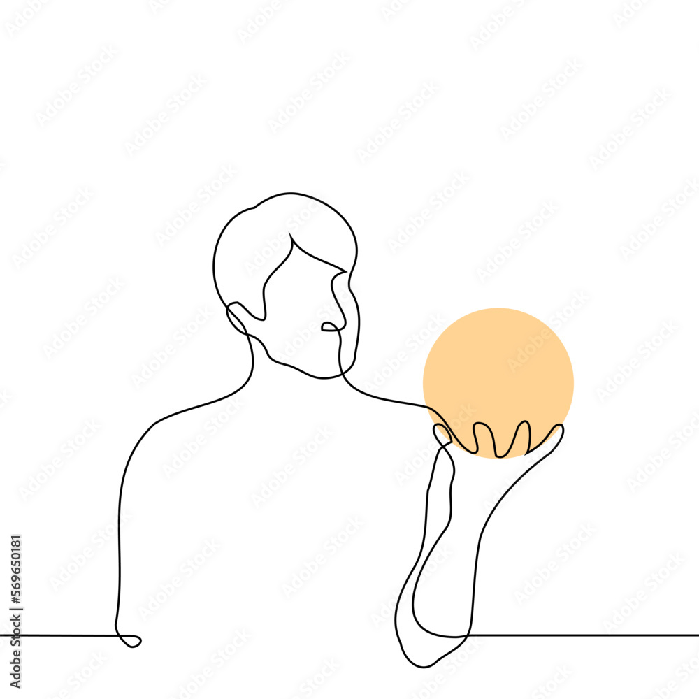 man holding an orange ball in his hand - one line drawing vector. concept sport, passion for physical games with a ball man holding an orange ball in his hand - one line drawing vector. concept sport, passion for physical games with a ball