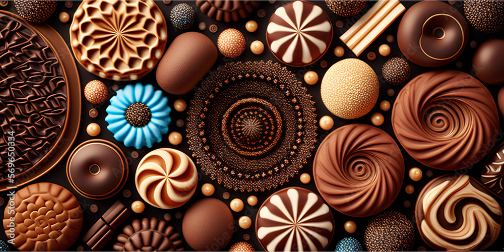 Close-up of delicious dark chocolates drops, cookie and dessert. Flat lay pattern on a brown background. Top view. Generative AI
