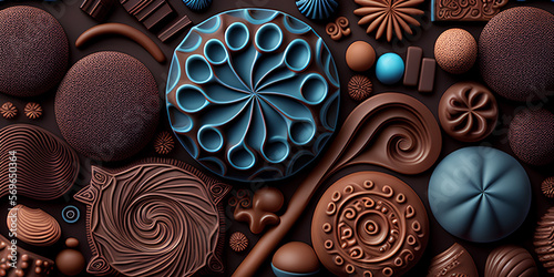 Close-up of delicious dark chocolates drops, cookie and dessert. Flat lay pattern on a brown background. Top view. Generative AI