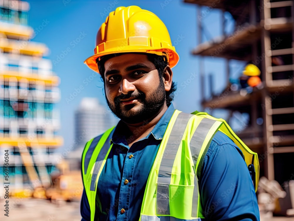 Man wearing hard hat on a construction site. Made with Generative AI. Man wearing hard hat on a construction site. Made with Generative AI.
