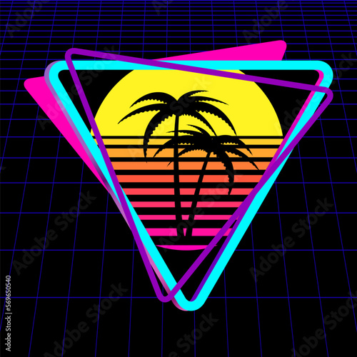 Triangle logo with palm trees silhouettes, cyber laser grid on black background. Synthwave, vaporwave, retrowave 80s. Retro futuristic aesthetic solar circle emblem photo