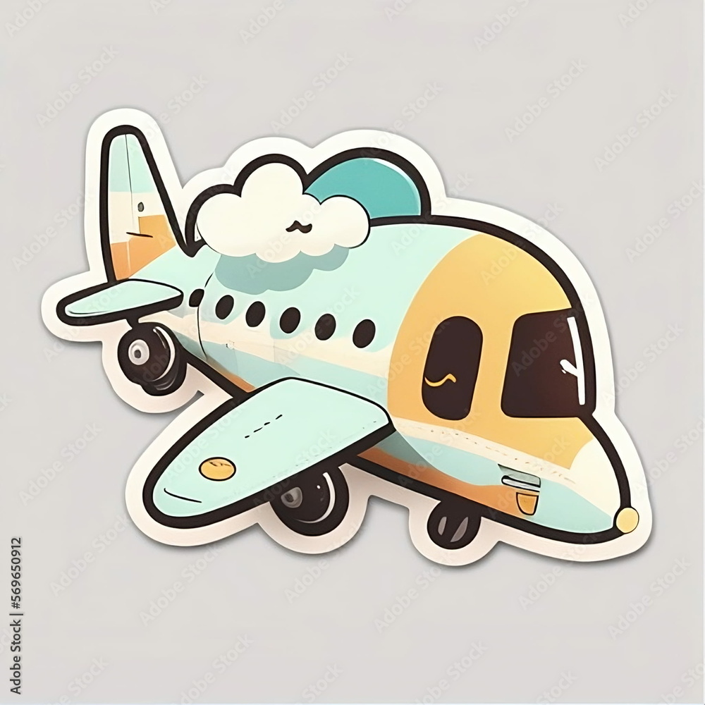 cute little plane with clouds in sticker style